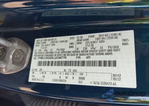 2020 Ford Escape Se from USA, damaged, VIN 1FMCU9G65LUC66770